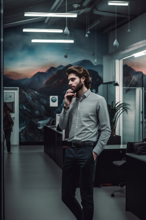 BUsiness talk Handsome young man in glasses talking on mobile phone and looking through window while standing in office : Generative AIの素材