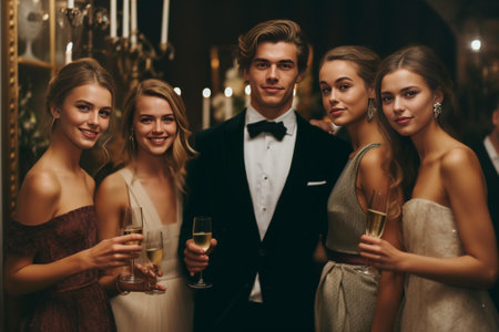 Beautiful young couple in formalwear spending time on luxury party with friends : Generative AIの素材