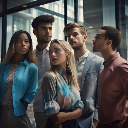 Business discussion Group of young modern people in smart casual wear having a brainstorm meeting while standing behind the glass wall in the creative office : Generative AIの素材