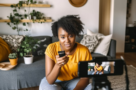 Beautiful young woman in casual clothing making social media video while spending time at home : Generative AIの素材