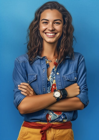 Beautiful young woman in casual clothing smiling and keeping hand on chin : Generative AIの素材