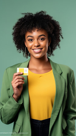 Beautiful young African woman in sports clothing showing her gym card and smiling : Generative AIの素材