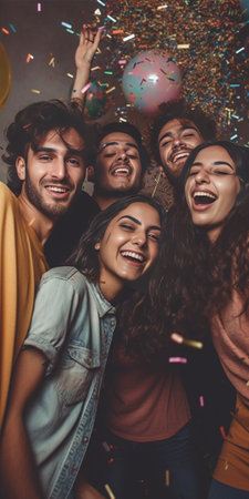 After party Top view of modern young people resting while sitting on the floor with confetti around : Generative AIの素材