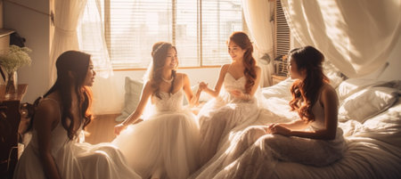 Beginning of the happiest day Full length of bridesmaids helping bride with her wedding dress while standing near the window together : Generative AIの素材