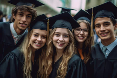 Capturing a happy moment Four college graduates in graduation gowns standing close to each other and making selfie : Generative AIの素材