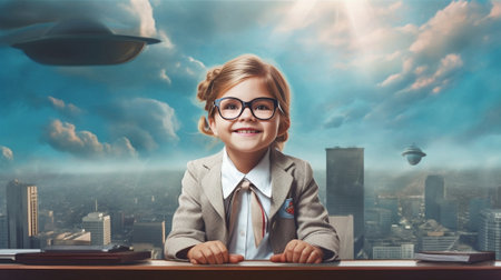 Business in fun Cheerful little girl in glasses and formalwear sitting at the table and grimacing : Generative AIの素材