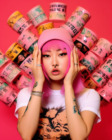 Beautiful young woman in funky hat making selfie and gesturing against pink background : Generative AIの素材