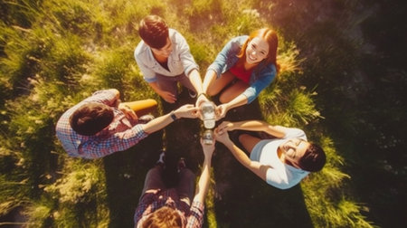 Carefree time with friends Top view of five cheerful peopleholding bottles with beer and eating pizza while standing outdoors : Generative AIの素材