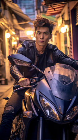 Being a biker Top view of handsome young man riding motorbike while spending time outdoors : Generative AIの素材