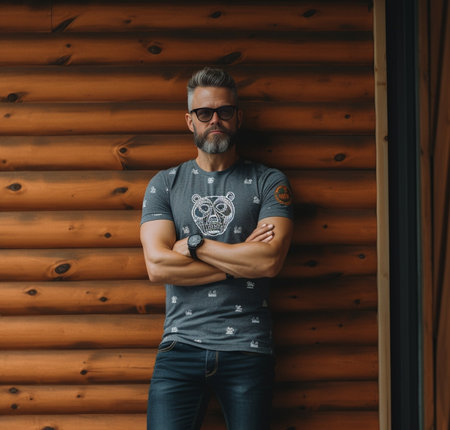 Casually handsome Full length of handsome young man in sunglasses keeping arms crossed while standing against the wooden wall : Generative AIの素材