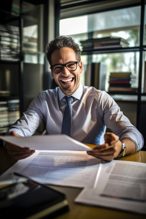 Chill time Playful mature man in formalwear holding paper airplane and smiling while sitting at his working place : Generative AIの素材