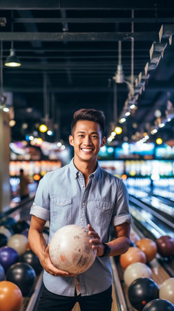 Confident and creative Cheerful young man stretching out a bowling ball and smiling while standing against bowling alleys : Generative AIの素材