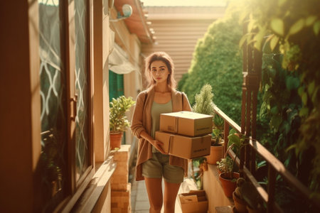 Cheerful young woman carrying wooden crate with plants while leaning at the doorway at home : Generative AIの素材