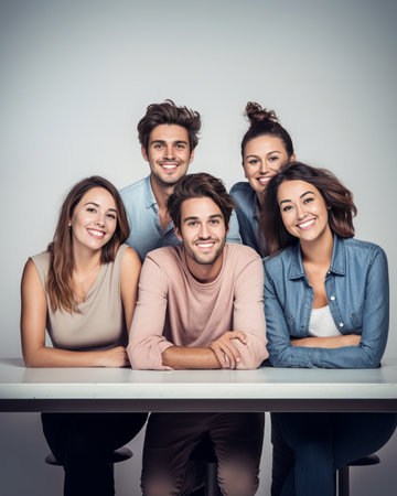 Cheerful business team Group of four young people looking at camera with smile while sitting on the couch at office : Generative AIの素材