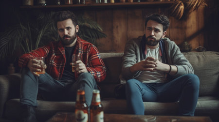 Carefree young men in casual clothing drinking beer and bonding together while sitting in the pub : Generative AIの素材
