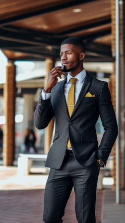 Confident business expert Rear view of African man in formal wear talking on the mobile phone while another businessman walking by stairs on background : Generative AIの素材