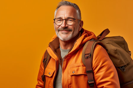 Carefree senior man carrying skateboard and smiling while standing against orange background : Generative AIの素材