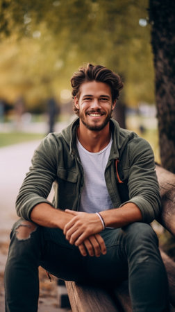 Be positive Handsome young bearded man smiling while sitting outdoors : Generative AIの素材