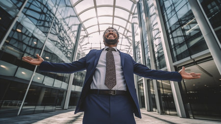 Business winner Happy young African man in formal wear keeping arms raised and expressing positivity while standing outdoors : Generative AIの素材