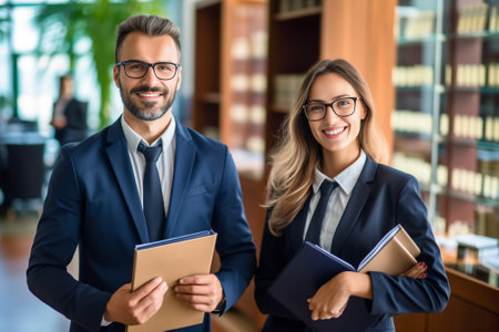 Business people doing paperwork Two smiling business people writing something in note pad and looking over shoulder : Generative AIの素材
