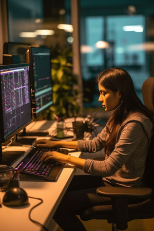 Concentrated young woman using technologies while working in creative office : Generative AIの素材