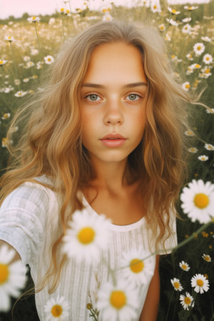 Carefree beauty Attractive young woman holding chamomile in hair while standing against grey background : Generative AIの素材