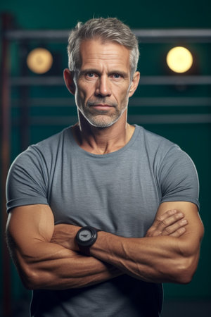 Confident mature man Confident mature man keeping arms crossed and looking at camera while standing against grey background : Generative AIの素材