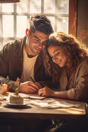 Choosing what to get Beautiful young loving couple examining menu and smiling while sitting at the restaurant together : Generative AIの素材
