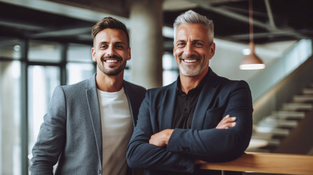 Confident business people Full length of two cheerful business men looking over shoulder and smiling while standing on staircase : Generative AIの素材