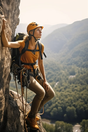 Confident male adventurer with backpack holding on grip while climbing the rock : Generative AIの素材