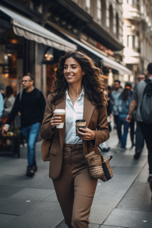 Coffee on the go Beautiful young woman holding coffee cup and smiling while walking along the street : Generative AIの素材