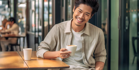 Coffee time Handsome young man in hat holding coffee cup and smiling while standing near his friends on the roof terrace : Generative AIの素材