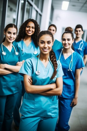 Confident doctor leading her team Beautiful female doctor keeping arms crossed and looking at camera while her colleagues standing behind her in the background : Generative AIの素材