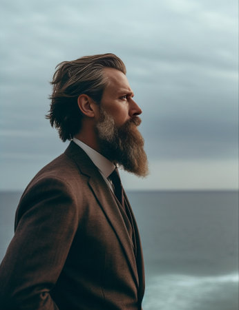 Confident sailor Side view of confident young bearded man in striped clothing smoking a pipe and looking away while standing against grey background : Generative AIの素材