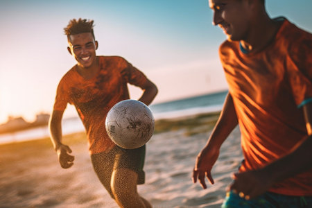 Closeup of young people playing with soccer ball on the beach with a sea in the background : Generative AIの素材