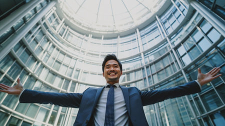 Celebrating success Low angle view of excited young businessman keeping arms raised and expressing positivity while standing outdoors with office building in the backgrou : Generative AIの素材