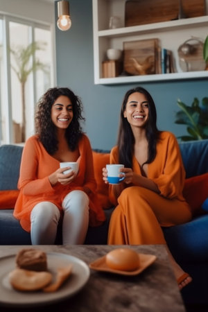 Coffee break with friends Beautiful young woman holding coffee cup and smiling while standing near her friends : Generative AIの素材