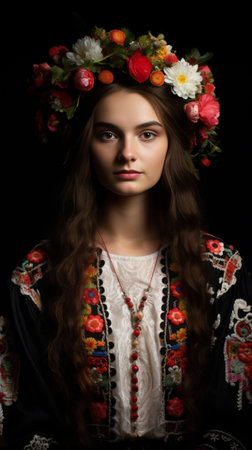 Closeup of beautiful young Ukrainian woman in floral crown looking at camera : Generative AIの素材