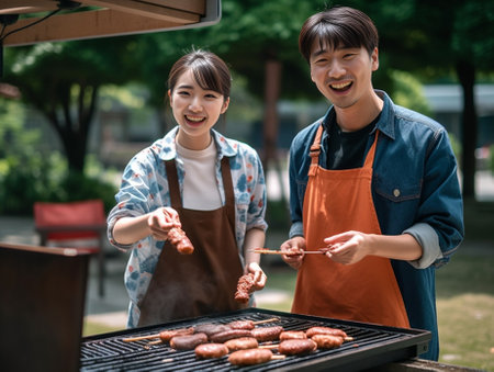 Closeup of two young people barbecuing meat on grill outdoors : Generative AIの素材