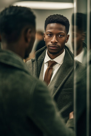 Confident about his look Young African man adjusting his necktie while standing against mirror : Generative AIの素材