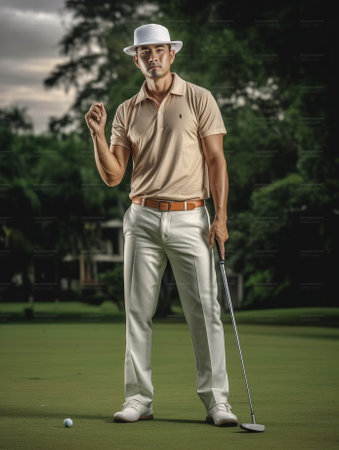 Confident golfer Confident young male golfer holding driver and looking at camera while standing on green : Generative AIの素材