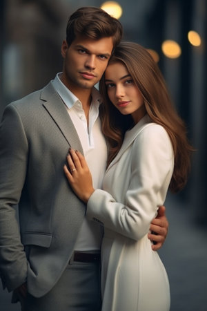 Always together Beautiful young couple embracing while standing against brick wall : Generative AIの素材