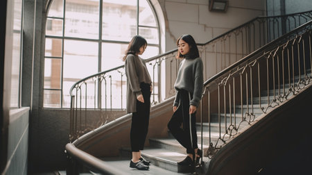 Achieving success together Side view of young modern people in smart casual wear holding hands and smiling while moving up the stairs : Generative AIの素材