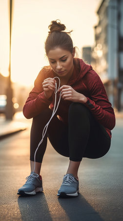 Attractive young fit woman in sports clothing tying shoe laces before training outdoors : Generative AIの素材