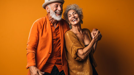 Beautiful senior couple looking at camera and keeping thumbs up while standing together against orange background : Generative AIの素材