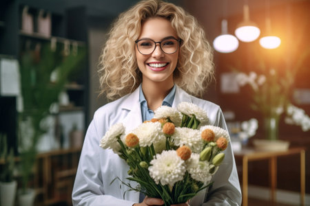 Beautiful florist at work Beautiful young female florist keeping arms crossed and smiling at camera while standing at her working place full of flowers : Generative AIの素材
