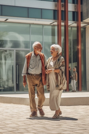 Confident senior couple Full length of happy senior couple holding hands and moving down by wooden staircase : Generative AIの素材