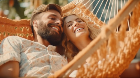 Appreciating every minute together Top view of beautiful young couple embracing and smiling while resting in the hammock indoors : Generative AIの素材
