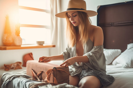 Beautiful young smiling woman packing luggage while sitting in bed at home : Generative AIの素材