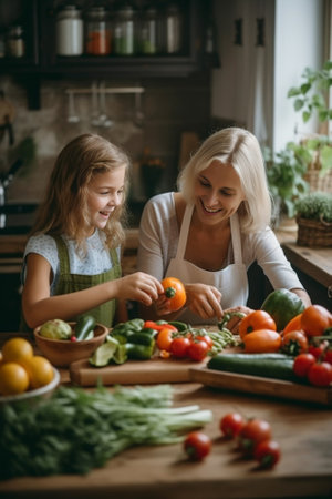 Beautiful senior woman putting salad for little girl while having dinner together : Generative AIの素材